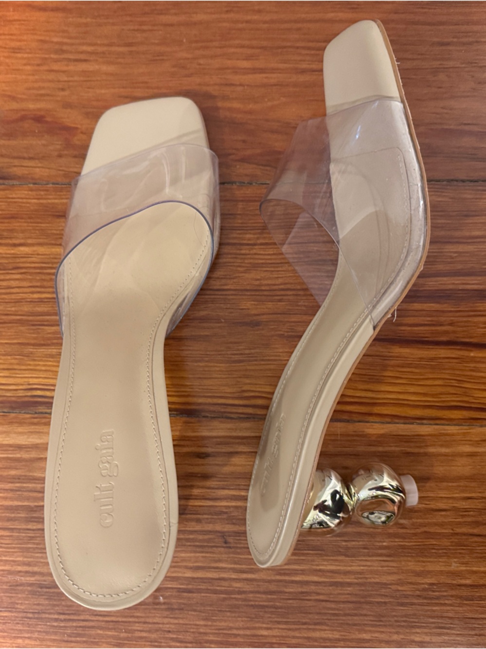 cult gaia Nude Clear Strap Mule with Sculpted Gold Heel